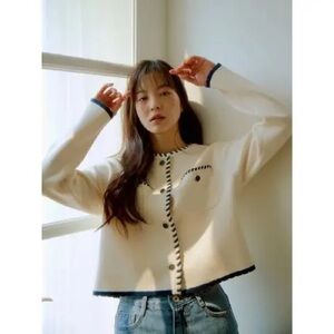 W Concept Cream Knit Jacket with Black Stitch